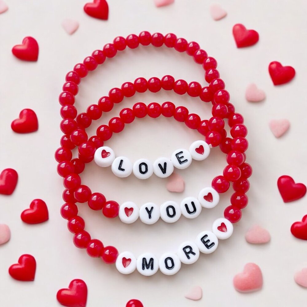 HANDMADE Love You More Valentine's Day Red and White Beaded Bracelet Set